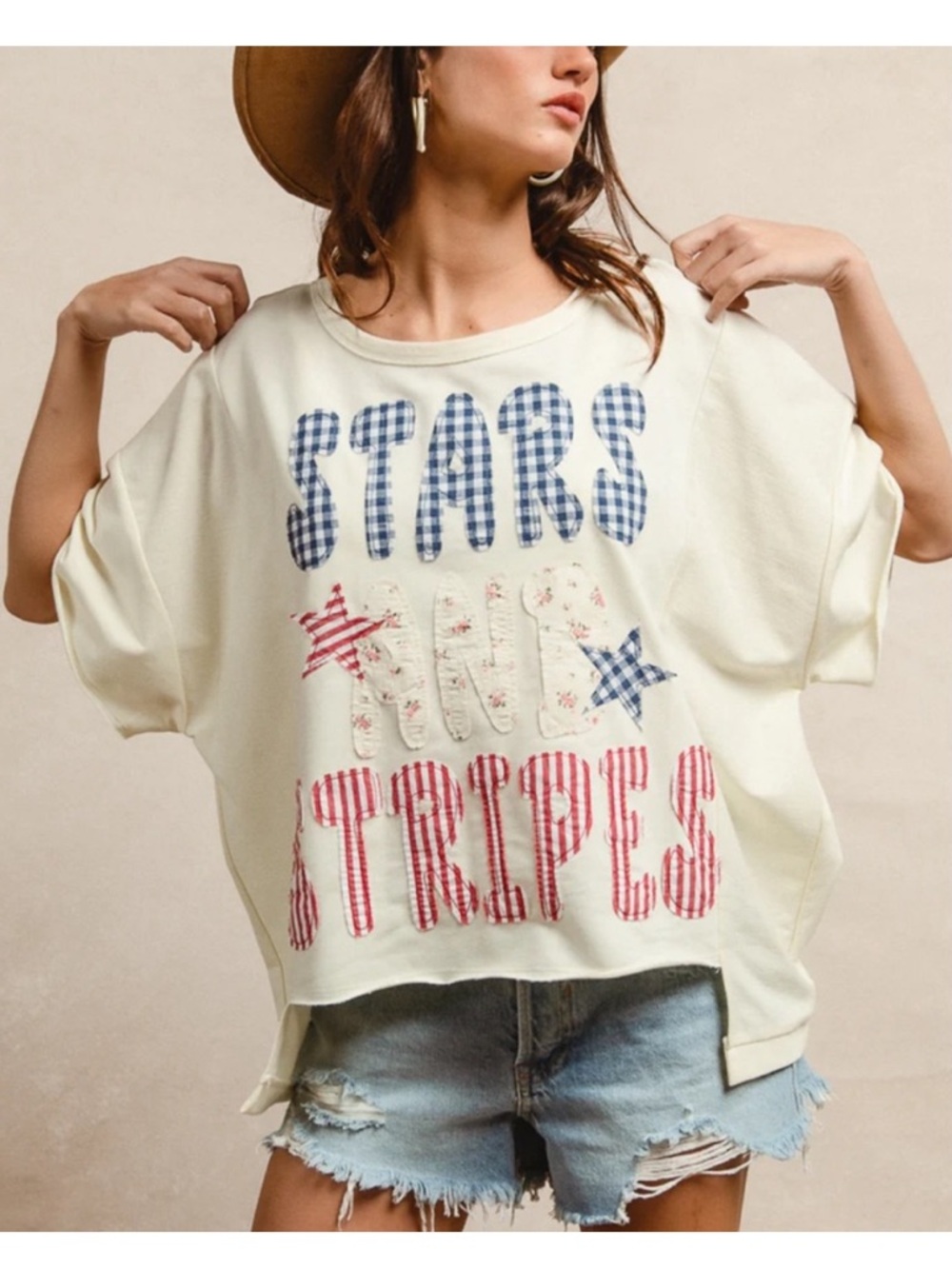 NEW BiBi Blue and Red Stars and Stripes Patchwork Top Small - Picture 2 of 7